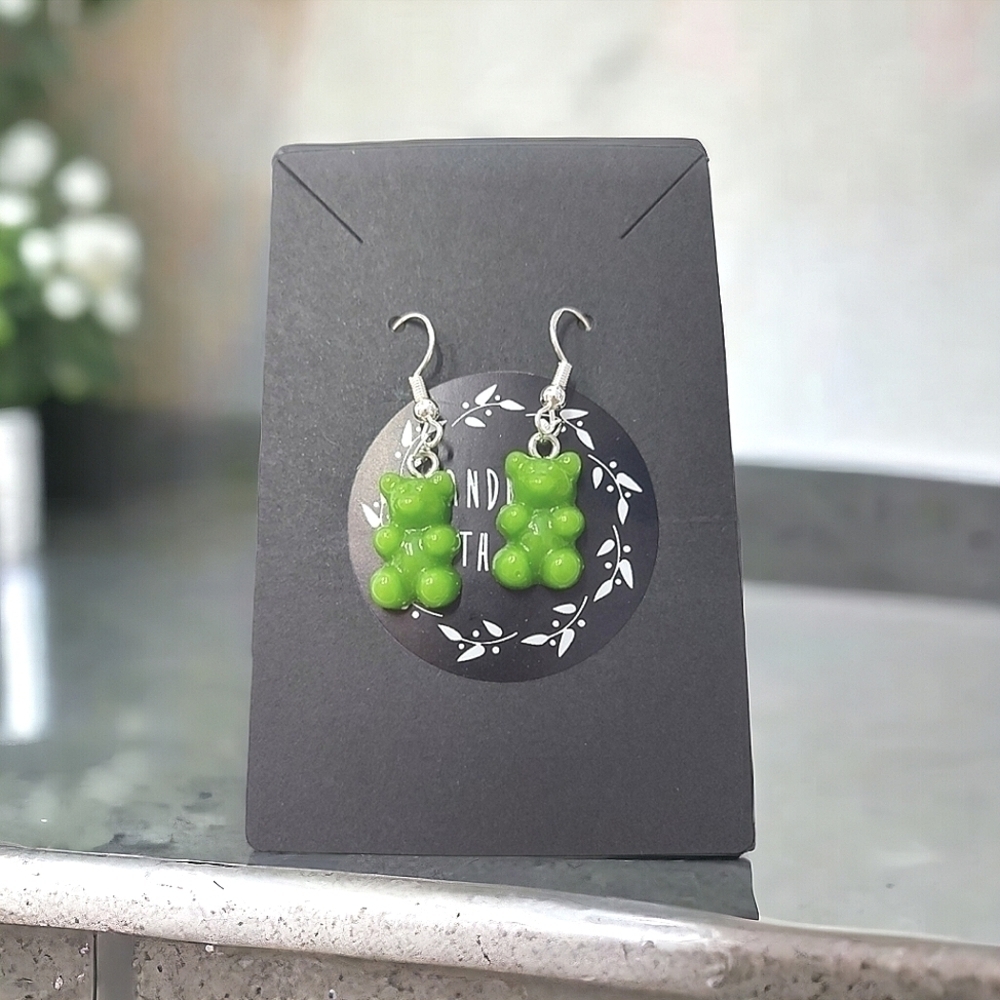 Handcrafted Green Resin Gummi Bear Earrings 1.5" Drop